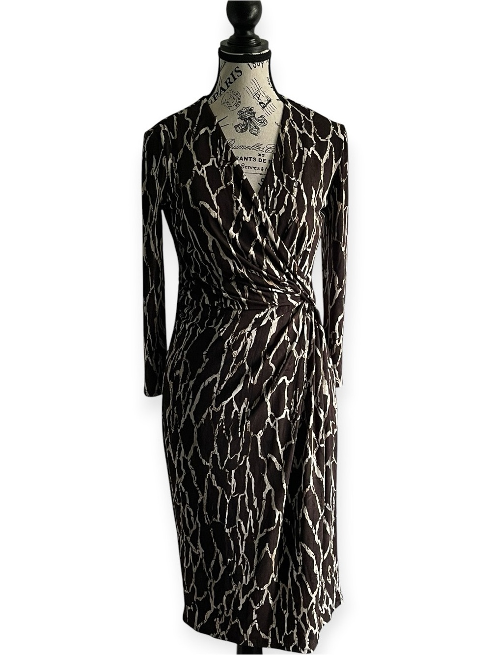 ANNE KLEIN Brown Abstract Animal Print Faux Wrap Midi Dress Long Sleeve
